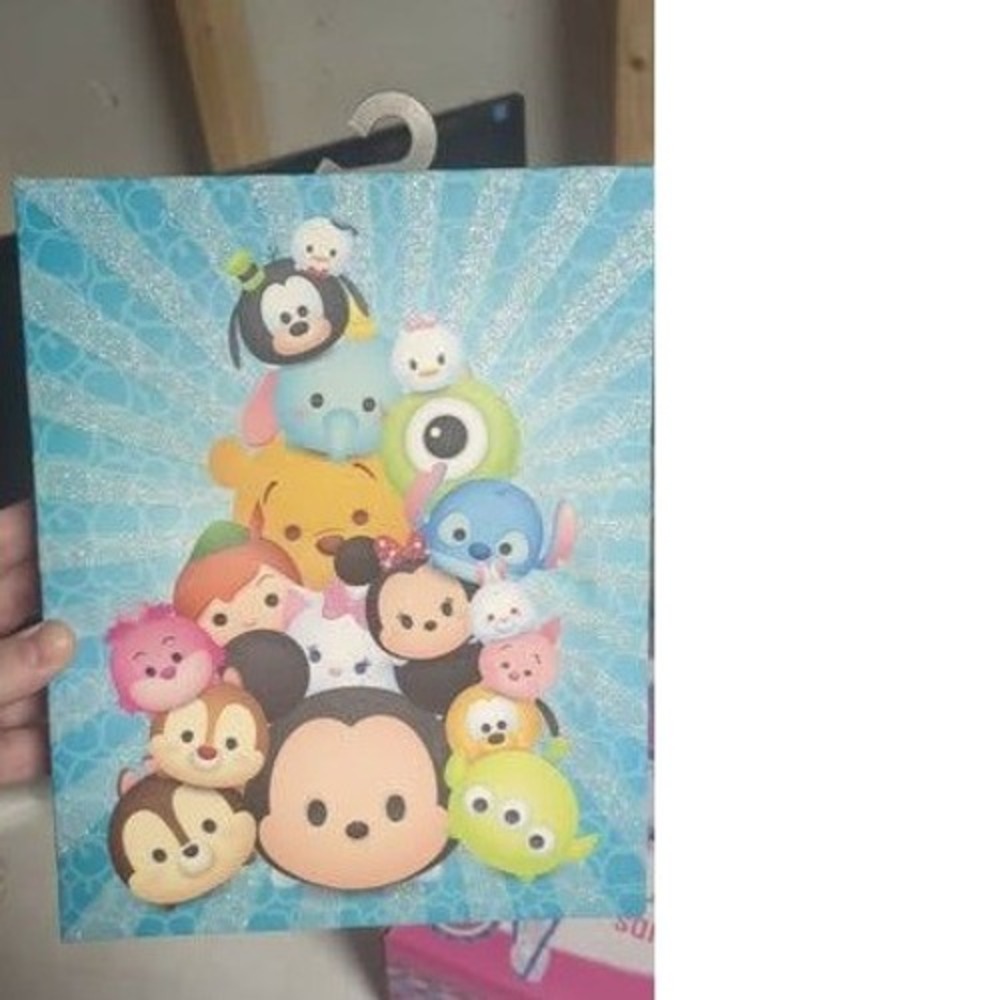 Disney Tsum Tsum Canvas Wall Art Mickey Pooh Stitch Mike Wazowski Blue Glitter